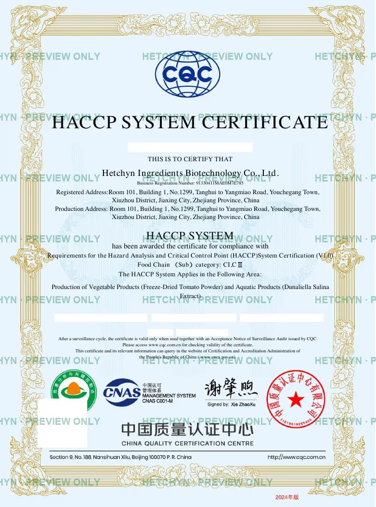 HACCP English certificate — Hetchyn Ingredients Biotechnology Co., Ltd.