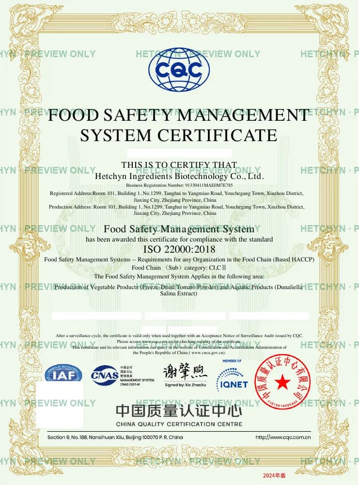 ISO 22000 English certificate — Hetchyn Ingredients Biotechnology Co., Ltd.