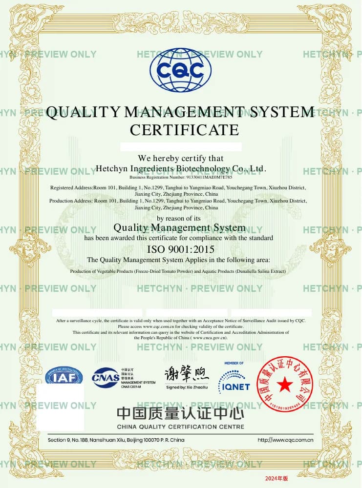 ISO 9001 English certificate — Hetchyn Ingredients Biotechnology Co., Ltd.