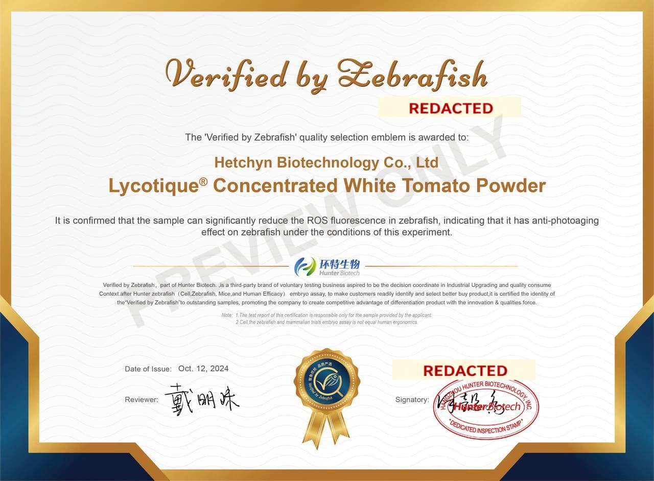 Verified by Zebrafish — Lycotique Concentrated White Tomato Powder — ROS fluorescence reduction — English certificate preview