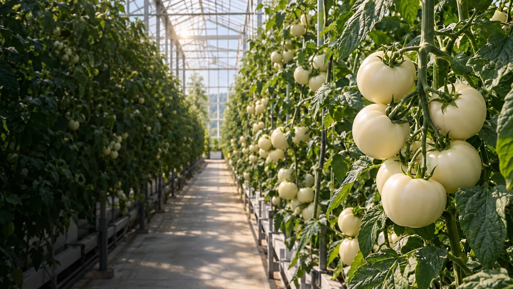 Illustrative glass greenhouse with white tomato plants